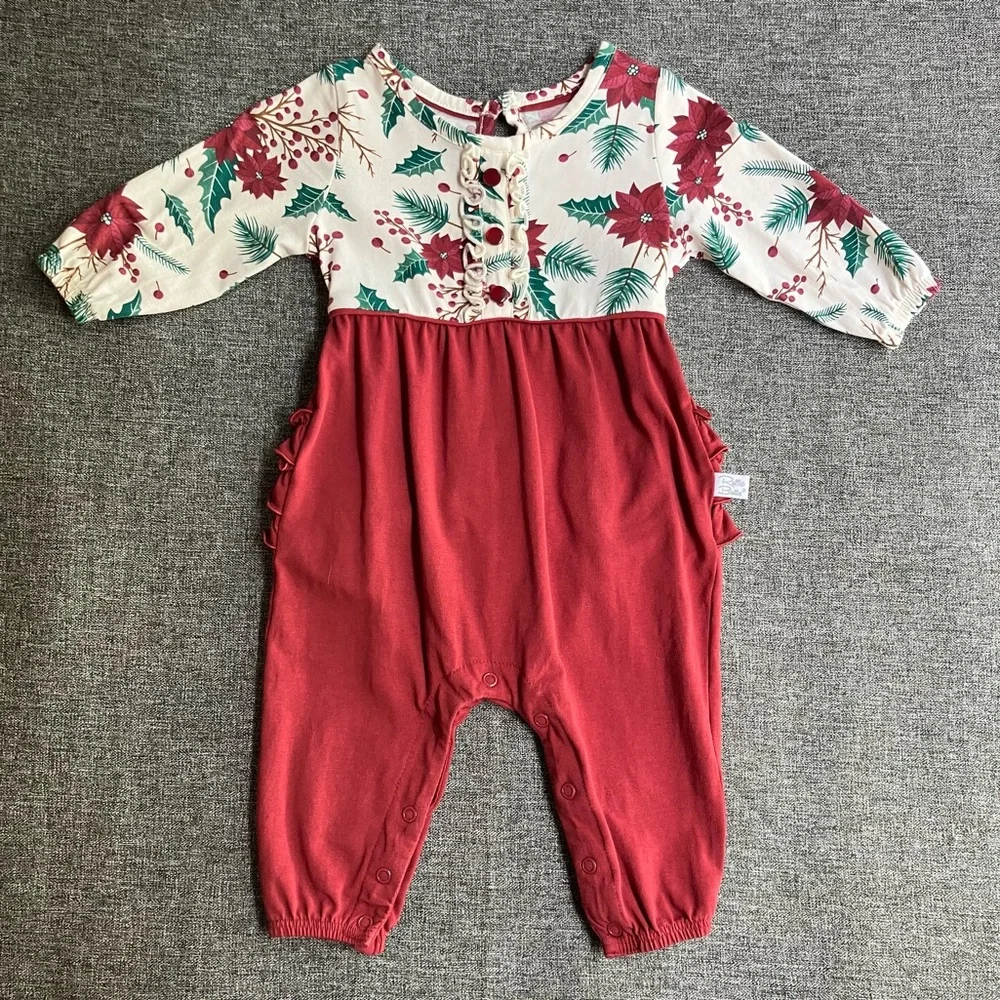 RuffleButts Merry And Bright Long Sleeve Christmas Romper
